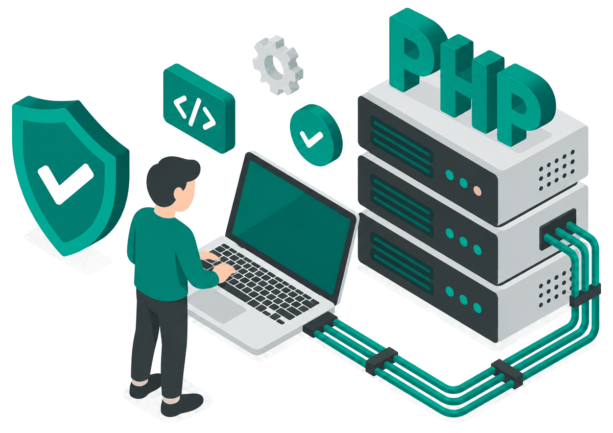 PHPと書かれたサーバーの前で、ノートパソコンを操作する担当者。横に緑のチェック付きの盾があるイラスト